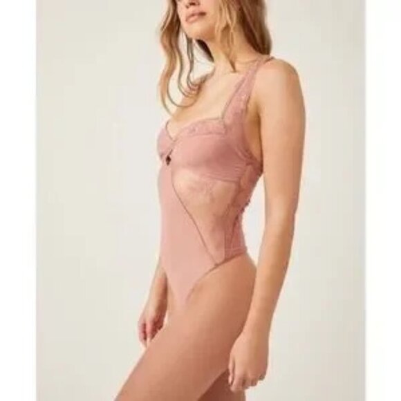 Free People Intimately Sheer Things Lace Trim Mesh Bodysuit Smoke Rose Size XL - Picture 7 of 15